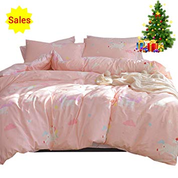 Girls Bedding Sets Pink, 3 Piece Cotton Duvet Cover Set for Kids Toddler Adult with Cartoon Unicorn Cloud Print 1 Comforter Cover 2 Pillowcases, Lightweight Striped Child Teen Bed Set Gift, Twin Size