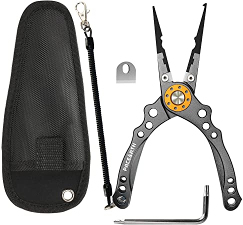 PACEARTH 7.87’’ Aviation Aluminum Fishing Pliers with Replacement Blades Saltwater Resistant Fishing Tools, Tungsten Carbide Cutters, Split Ring Pliers, Hook Remover Fish Holder with Sheath Lanyard