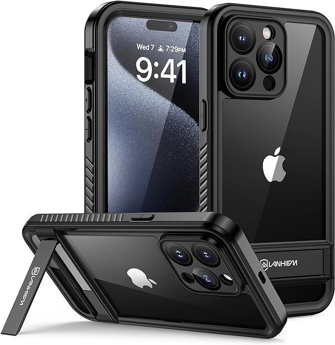 Lanhiem iPhone 15 Pro Case with Kickstand, IP68 Waterproof Dustproof Case Built-in Screen Protector, Full Body Heavy Duty Shockproof Phone Cover for iPhone 15 Pro, 6.1 Inch (Black)
