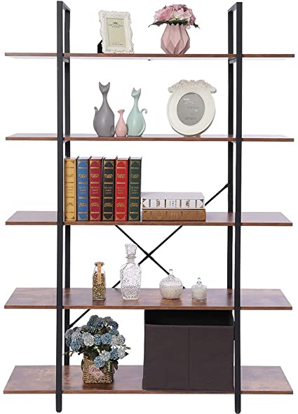 USIKEY 5-Tier Industrial Bookshelf, Bookshelves with Wood and Metal Frame, Storage Bookcase, Open Wide Office Display Shelves, Organizer Tower for Living Room, Bedroom, Rustic Brown