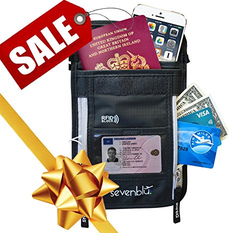 SevenBlu Passport Holder | Travel Neck Wallet w RFID Block - # 1 Hidden Neck Pouch - PREMIUM Quality Money Belt - for Women and Men