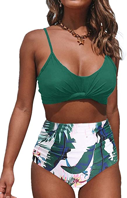 Ferbia Women Strappy Bikini Set Floral High Waisted Ruched Swimsuits 2 Piece Wrap Bandage High Rise Swimwear