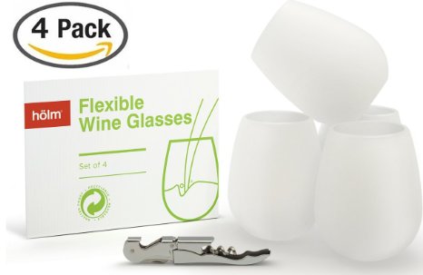 Four Flexible Silicone Wine Glass by hlm - 12 oz Shatter-proof Stemless Glasses Enjoy Portable Drinks In Unbreakable Cups Set of 4 Complimentary Stainless Steel Wine Bottle Opener