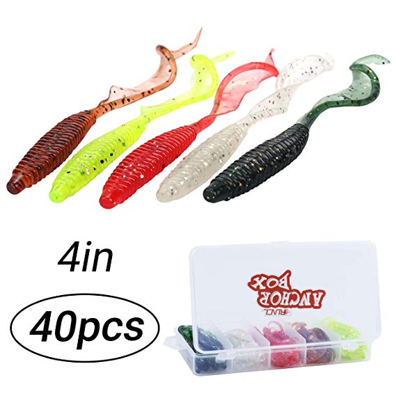 RUNCL Anchor Box - Paddle Tail Swimbaits, Soft Jerk Baits, 20/40/50/60pcs Soft Fishing Lures, Curly Tail Grubs - 3D Lifelike Eyes, Split/Boot/Curly/Straight/Thin Tail - 1/2/3/4/5in, Proven Colors