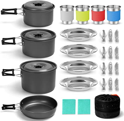 Odoland 27pcs Camping Cookware Mess Kit, Non-Stick Lightweight Pots Pan Set with Stainless Steel Cups Plates Forks Spoons for Camping, Backpacking, Outdoor Cooking and Picnic