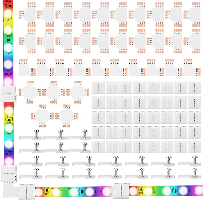 95 Pieces 4-Pin LED Light Strip Connectors Set Including Screw Fixing Clips, 4-Pin LED Connectors, Cuttable T, L and X Shape PCB Board for SMD 5050 RGB LED Strip Lights Gapless Solderless Connector