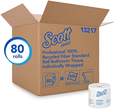 Scott Essential Professional 100% Recycled Fiber Bulk Toilet Paper for Business (13217), 2-PLY Standard Rolls, White, 80 Rolls / Case, 506 Sheets / Roll