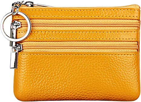 Women's Genuine Leather Coin Purse Mini Pouch Change Wallet with Keychain ,Yellow