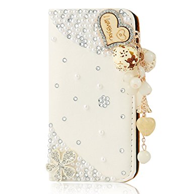 Mavis's Diary 3D Handmade Bling Crystal Love Heart Pendant Sparkle Diamond Flower PU Leather Folio Case for Iphone 5S and 5 - White
