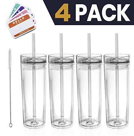 SKINNY TUMBLERS 4 Clear Acrylic Tumblers with Lids and Straws | 16oz Double Wall Clear Plastic Tumblers   FREE Straw Cleaner & Name Tags! Bulk Reusable Cups With Straw - Insulated Tumbler