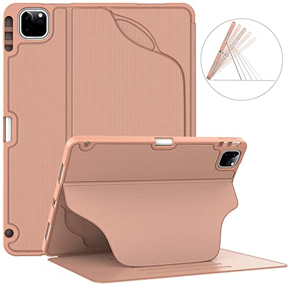 Soke Luxury Series Case for New iPad Pro 11 Inch 2020 & 2018 - [Built-in Pencil Holder   6 Magnetic Stand Angles   360 Full Protection   Premium PU Leather] - Sleep/Wake Cover,Rose Gold