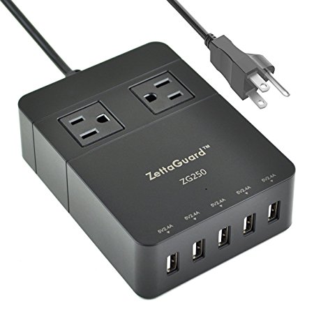 Zettaguard Mini 2-Outlet Travel Power Strip / Surge Protector with USB Charger / USB Charging Station (5-Port Smart, 40W/8A) and 5 Feet Power Cord for Home, Office, Hotel, & Dresser (ZG250 Black)