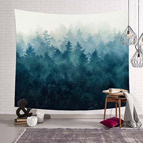 Forest Tapestry Woodland Decor Collection Night and Fog Fantasy Magical Landscape For Bedroom Living Room Home Decor Art Wall Hanging (Dark blue, 59Wx40L)