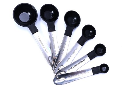 Measuring Spoons-Beaded Chain Decorative Endurance Stainless Steel Spoons-Black Easy to Clean Nylon Gadgets-Set of 6-Quality Metal-Measuring Dry and Liquid Ingredients