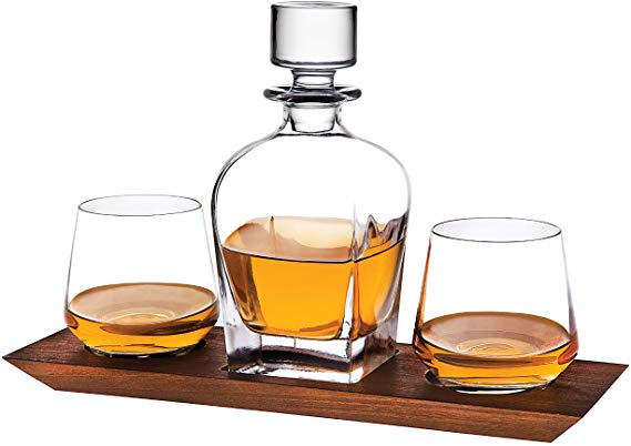 Godinger Whiskey Decanter and Whiskey Glasses Bar Set on Elegant Wooden Display Tray