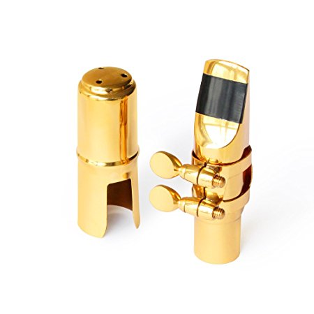 Alto Saxophone Mouthpiece, UMsky Gold Plated Metal Eb Alto Saxophone Mouthpiece with Cap and Ligature (#7)
