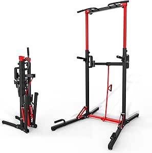 ONETWOFIT Foldable Power Tower Pull Up Bar Station, Multi-Function Adjustable Height Dip Station for Home Gym Workout, Strength Training Fitness Equipment, Pull Up Stand 360LBS