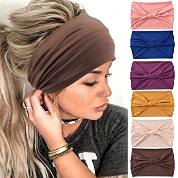 Yeshan Wide Headbands for Women No Slip African Boho Headbands Solid Bandana Headbands Elastic Yoga Workout Sweat Bands Running Sport Turban Knotted Headwraps,Pack of 6