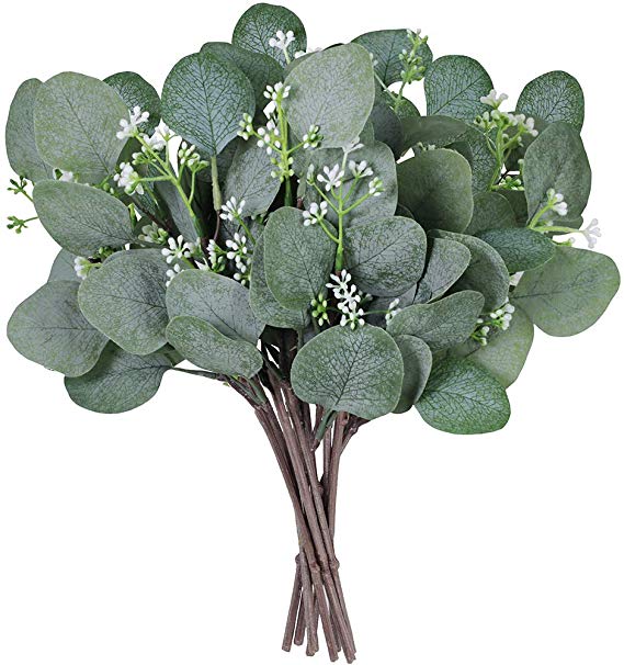 Supla 10 Pcs Artificial Seeded Eucalyptus Leaves Stems Bulk Artificial Silver Dollar Eucalyptus Leaves Plant in Grey Green 11.8" Tall Artificial Greenery Holiday Greens Wedding Greenery