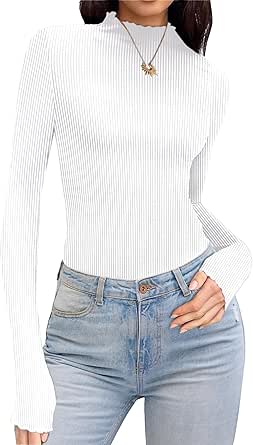 Ekouaer Turtleneck Shirt Women Ribbed Long Sleeve Shirts Lettuce Trim Mock Neck Tops Slim Fit Base Layer