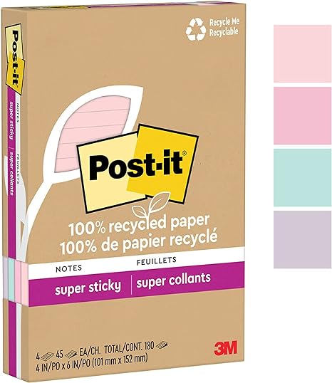 Post-it 100% Recycled Paper Super Sticky Notes, 2X The Sticking Power, 4x6 in, Lined, 4 Pads/Pack, 45 Sheets/Pad, Wanderlust Pastels Collection (4621R-4SSNRP)