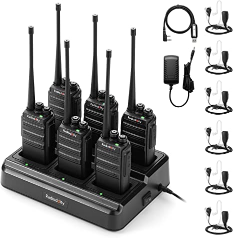 Radioddity GA-2S Walkie Talkie Set 4KM Reichweite 16 Kanäle UHF Profi Funkgerät mit mit Mikro USB-Anschluss, inkl Wiederaufladbare Akkus, 6-Fach Ladegerät und Transparentes Headset (6 Stücke)