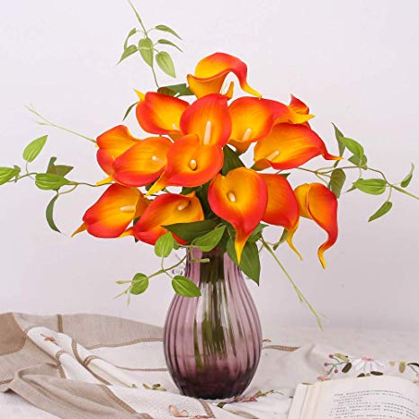 YUYAO Calla Lily Artificial Flowers Bridal Wedding Bouquets Latex Real Touch Lillies Flower Arrangements for Home Party(Sunset, 1)