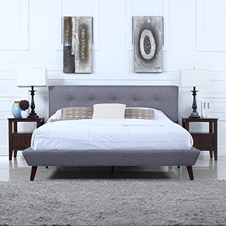 Mid-Century Grey Linen Low Profile Platform Bed Frame with Tufted Headboard Design (Queen)