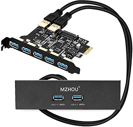 MZHOU 7 Ports PCI-E to USB 3.0 Expasion Card with 19-Pin SATA Power Connector Superspeed up to 5Gbps,and The Front Panel Bay and 1 Power Supply Cables,for Window 7/8/10/XP/Vista …