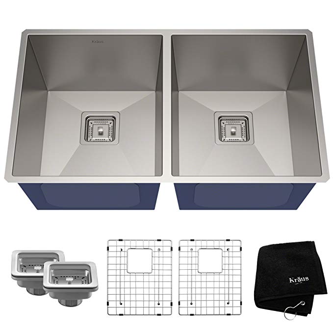 Kraus KHU322 Pax Zero-Radius 31 1/2" 16 Gauge Handmade Undermount 50/50 Double Bowl Stainless Steel Kitchen Sink