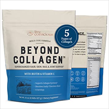 Beyond Collagen Multi Collagen Powder for Women w/ Types I, II, III, V & X - Keto Friendly, Hydrolyzed Collagen Peptides Powder Blend w/ Biotin & Vitamin C - Live Conscious - 41 Servings