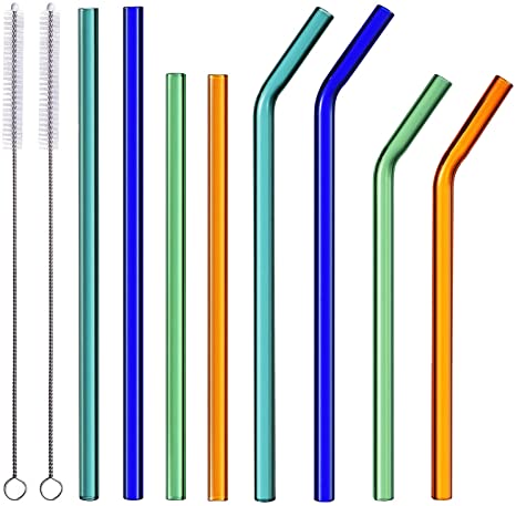 ALINK 8-Pack Colored Glass Smoothie Straws, 10mm Wide 10"   9" Long Reusable Drinking Straws for Smoothie, Milkshakes, Frozen Drinks, Pack of 8 with 2 Cleaning Brush