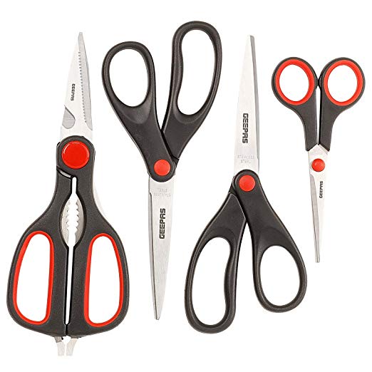 Geepas Multipurpose Home & Kitchen Scissors Stainless Steel Scissor 4 Pieces Set for High-Precision Cutting with Specially Moulded Handle for Extra Comfort