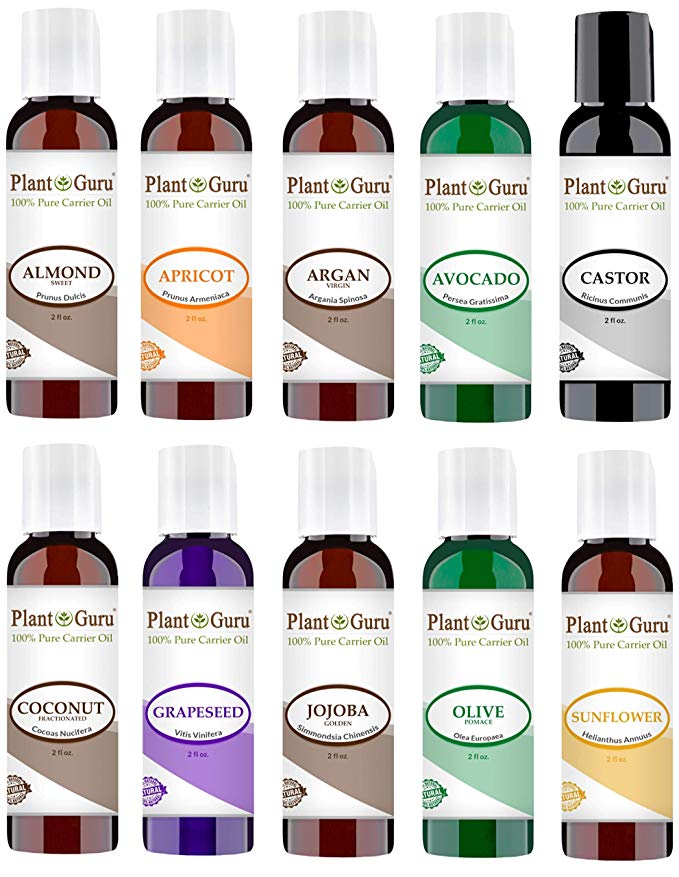 Top 10 Carrier Oil Variety Set 2 oz - Cold Pressed 100% Pure Natural, Sweet Almond, Apricot Kernel, Argan, Avocado, Castor, Fractionated Coconut, Grapeseed, Jojoba, Olive and Sunflower.