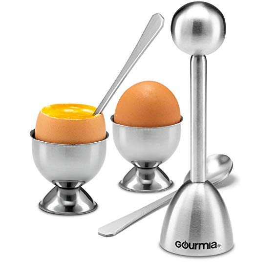 Gourmia GES9335 Egg Topper Set – 2 Egg Cups, 2 Spoons, 1 Shell Top Cutter – Easily Crack and Score Raw and Cooked Egg Shells – Premium Stainless Steel – For Serving, Separating and Preparing