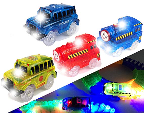 [4-Pack] Light Up Track Replacement Race Cars   Trains Toy | Glow in The Dark Racing Track | w/ 5 LED Lights | Independent & Track Play| Track Accessories Compatible with Most Tracks for Boys & Girls
