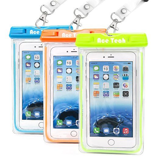 Waterproof Case, 3 Pack Ace Teah Universal Clear Transparent Waterproof Cellphone Case Cover, Dry Bag for Outdoor Activitie Swimming, Surfing, Fishing, Skiing, Boating, Beach - Blue, Green, Orange
