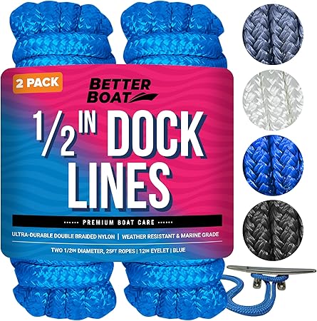 Boat Dock Lines & Rope Boat Ropes for Docking 1/2" Line Braided Mooring Marine Rope 25FT 1/2 Inch Nylon Rope Boat Dock Lines for Docking Boat Lines Boating Rope Braided with Loop Blue 2 Pk