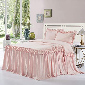 HIG 3 Piece Ruffle Skirt Bedspread Set Queen - Peach Pink 30 inches Drop Ruffled Style Bed Skirt Coverlets Bedspreads Dust Ruffles - Alina Bedding Collections - 1 Bedspread, 2 Standard Shams