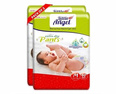 Little Angel Extra Dry Baby Pants Diaper, Medium (M) Size, 80 Count, Super Absorbent Core Up to 12 Hrs. Protection, Soft Elastic Waist Grip & Wetness Indicator, Pack of 2, 40 count/pack, Upto 5-11kg