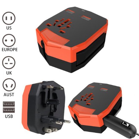 KINDEN Universal AC International Armour Travel Power Charger Wall Adapter Plug (US/EU/UK/AU) with 2.5A Dual USB Charging Ports and Car Charger (Orange)