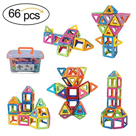 Magnetic Building Blocks, Zealite 66 Pieces Large Magnetic Tiles Set Educational Stacking Toys for Boys and Girls with Storage Box
