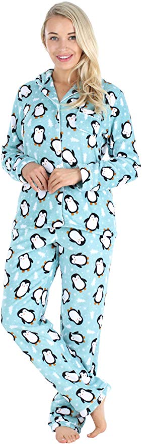 PajamaMania Women’s Plush Fleece Long Sleeve 2-Piece Button-Down Pajamas PJ Set