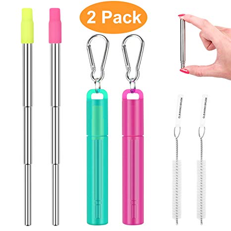 2 Pack Reusable Portable Metal Straws, Fomuson Telescopic Foldable Stainless-Steel Drinking Straw with Case and Cleaning Brush Carabiner for Coffee Juice Smoothie Milkshake BPA Free (Green & Pink)
