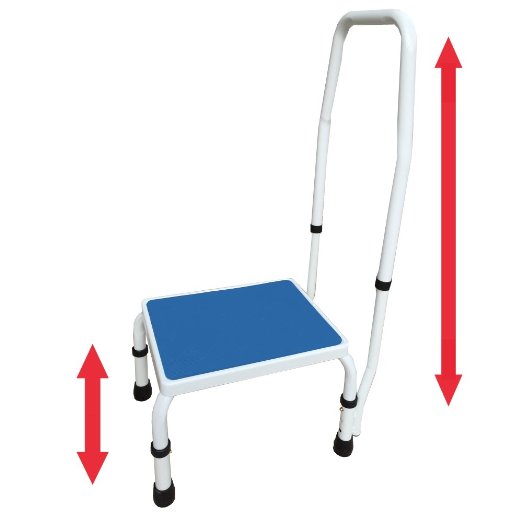 AdjustaStep(tm) Deluxe Step Stool/Footstool with Handle/Handrail, Height Adjustable. 2 products in 1. Modern white/blue design. New for 2016.