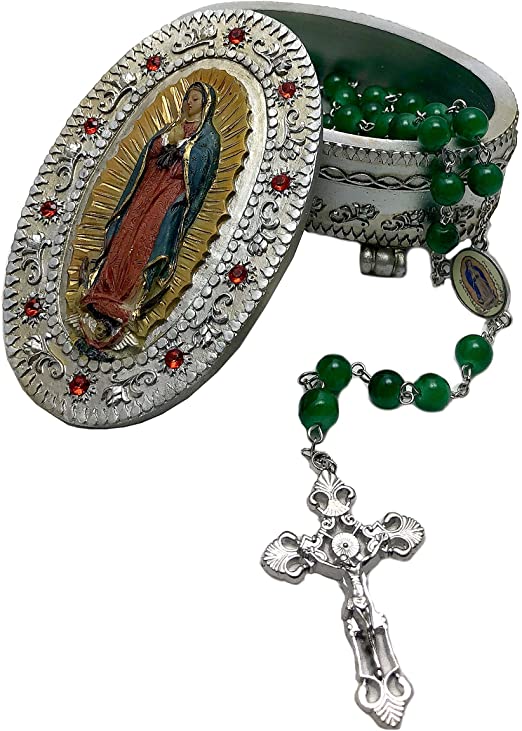Our Lady of Guadalupe Jeweled Rosary Box Keepsake with with Our Lady of Guadalupe 8mm green bead rosary included