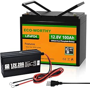 ECO-WORTHY 12V 100AH LiFePO4 Lithium Battery and 12V 20A Automatic Smart Battery Charger with BMS, Low Temperature Protection, Up to 15000  Deep Cycles, for Trolling Motor, RV, Solar System