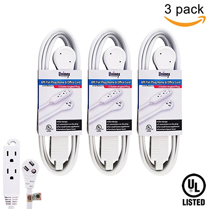 Uninex (3 Pack) Flat Angle Plug Extension Cord 16/3 Grounded 3-Outlet Tap 6-Foot White UL Listed
