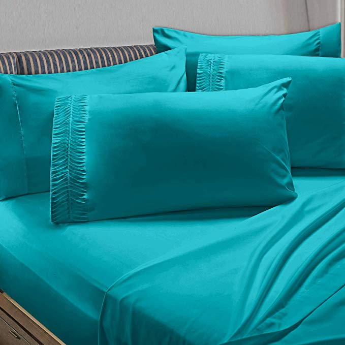 Clara Clark 6-Piece 100% Soft Brushed Microfiber Bedding Set Luxury Pleated Pillowcases, Cool & Breathable, 6 PC Sheets, Queen, Teal