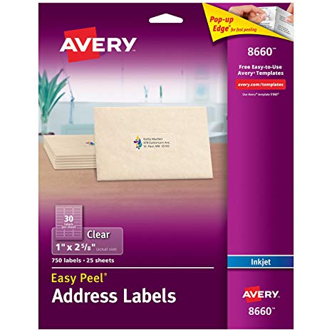 Avery Matte Frosted Clear Address Labels for Inkjet Printers, 1" x 2-5/8", 750 Labels (8660)